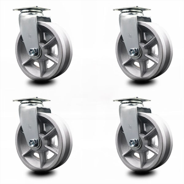 6 Inch V-Groove Semi Steel Cast Iron Wheel Swivel Caster Set with Ball Bearing